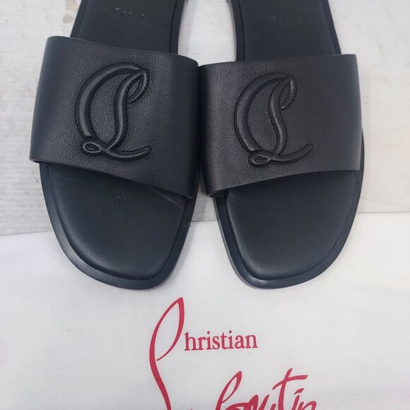 Christian Louboutin Black Flat CL Logo Mule Slide Sandal - Picture 8 of 10